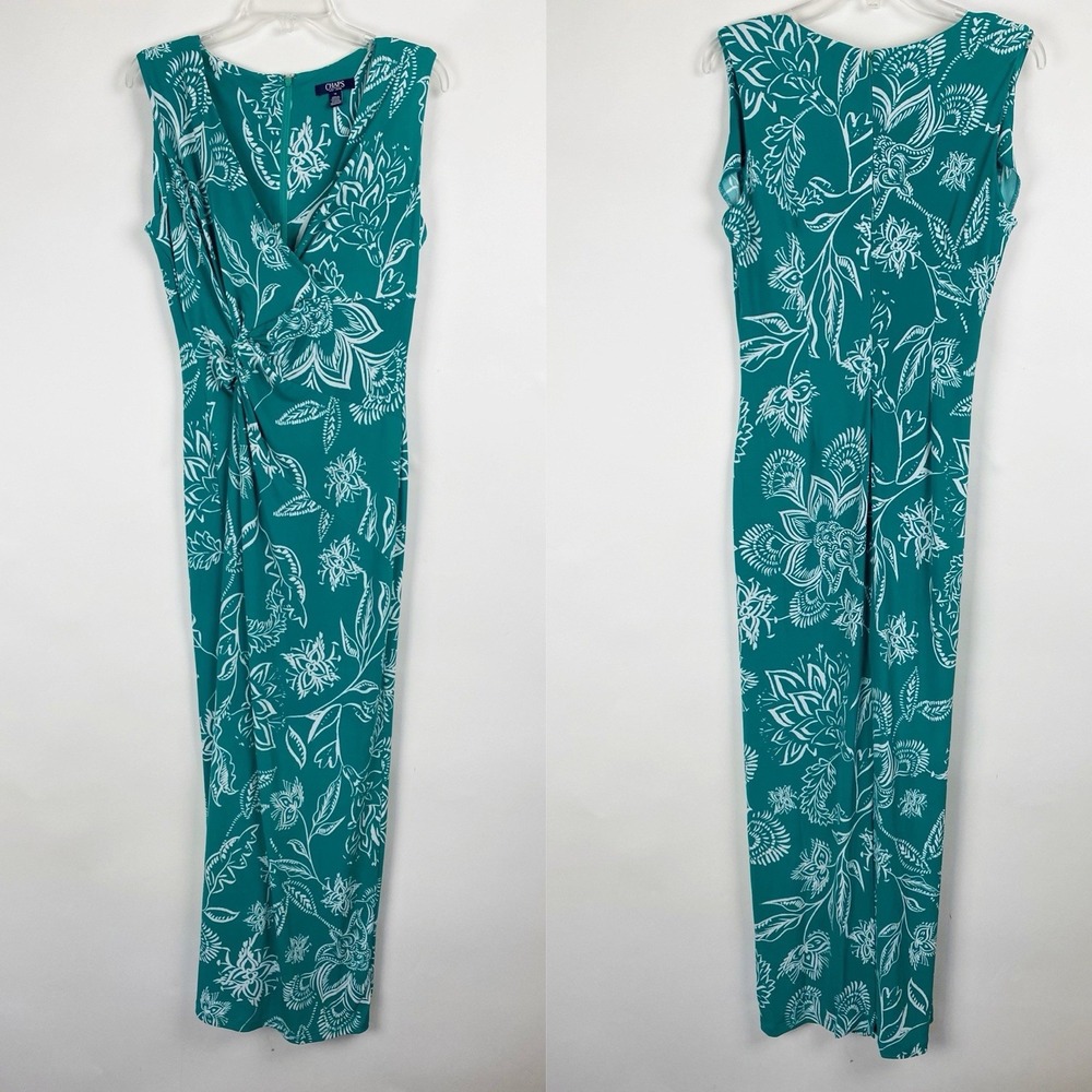Chaps Floral‎ Twist Front Faux Wrap Slit Maxi Dress Womens 10 Teal Green White